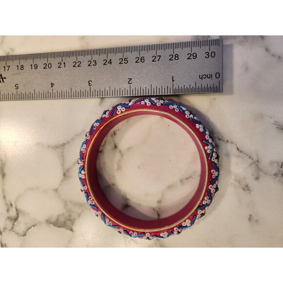 Vintage Pink & Blue Beaded Bangle With Intricate White Design - Picture 3 of 3